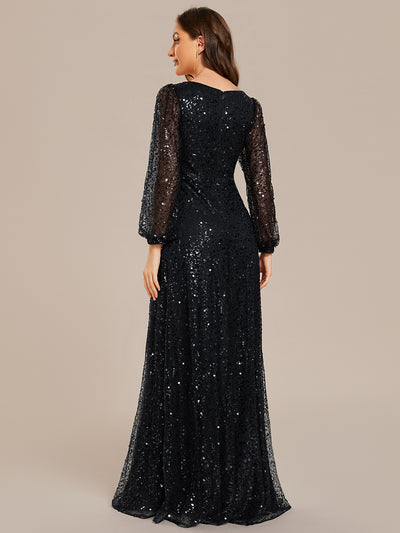 Bodenlanger V-Ausschnitt A-Linie Pailletten Kleid Mit Durchsichtigen Details Funkelnde Eleganz Kleid #Farbe_Schwarz