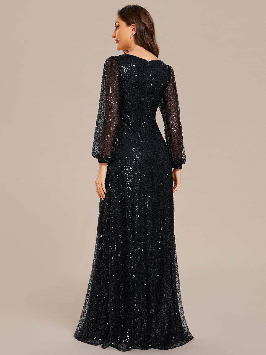 Bodenlanger V-Ausschnitt A-Linie Pailletten Kleid Mit Durchsichtigen Details Funkelnde Eleganz Kleid #Farbe_Schwarz
