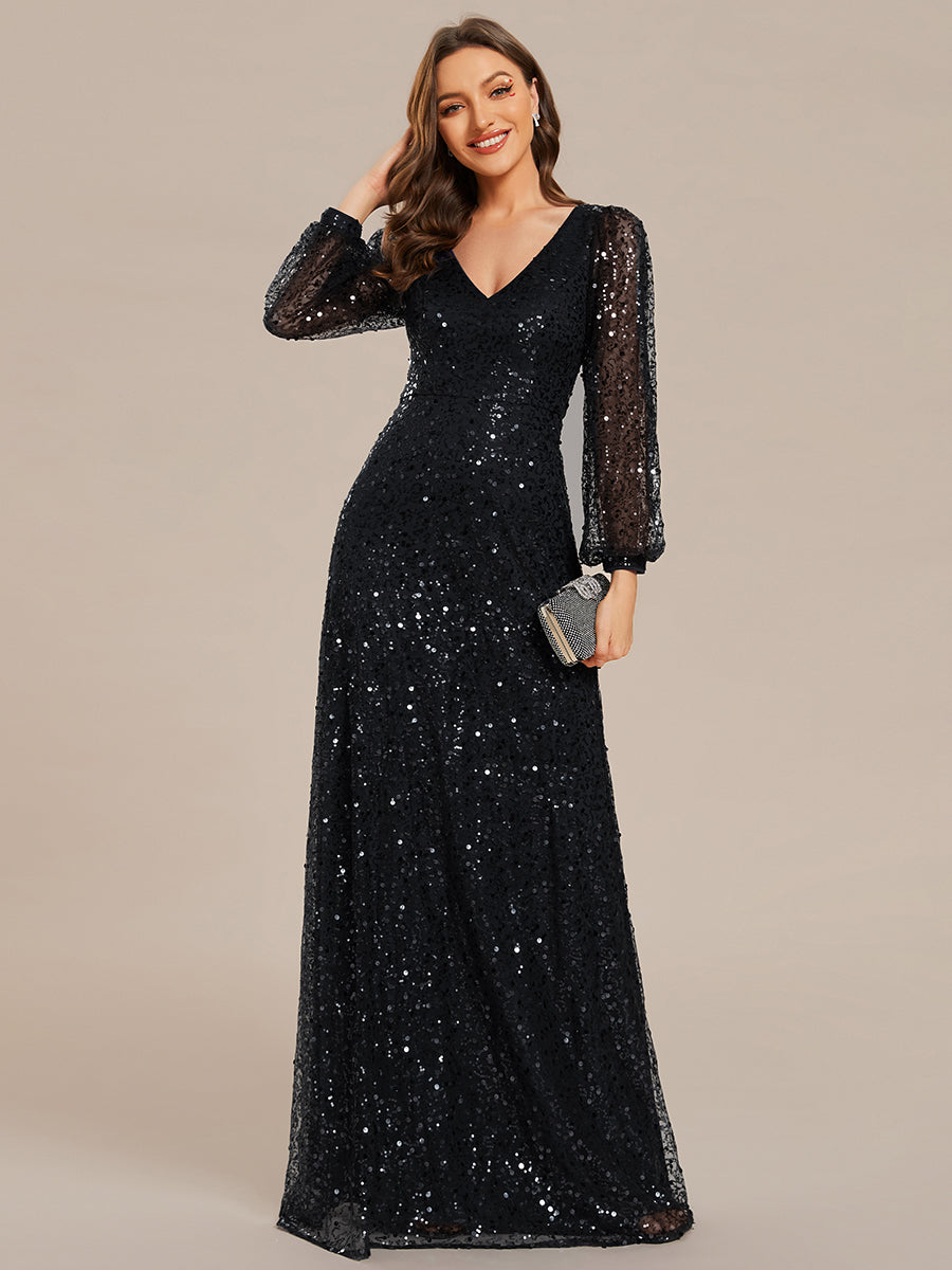 Bodenlanger V-Ausschnitt A-Linie Pailletten Kleid Mit Durchsichtigen Details Funkelnde Eleganz Kleid #Farbe_Schwarz