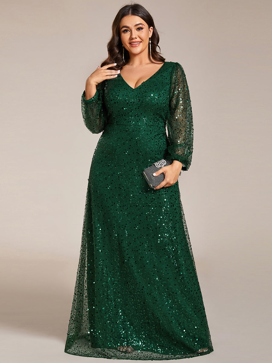 Bodenlanger V-Ausschnitt A-Linie Pailletten Kleid Mit Durchsichtigen Details Funkelnde Eleganz Kleid #Farbe_Dunkelgrün
