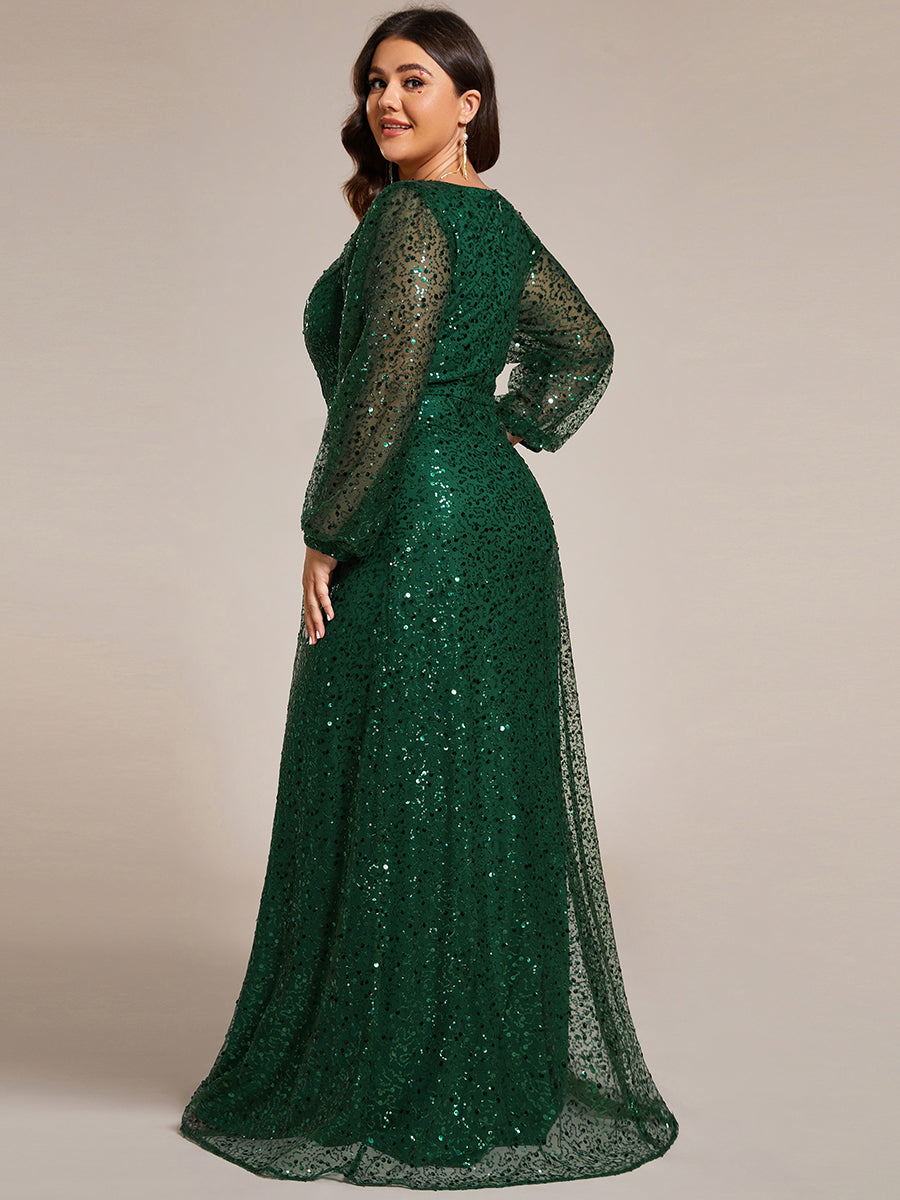 Bodenlanger V-Ausschnitt A-Linie Pailletten Kleid Mit Durchsichtigen Details Funkelnde Eleganz Kleid #Farbe_Dunkelgrün