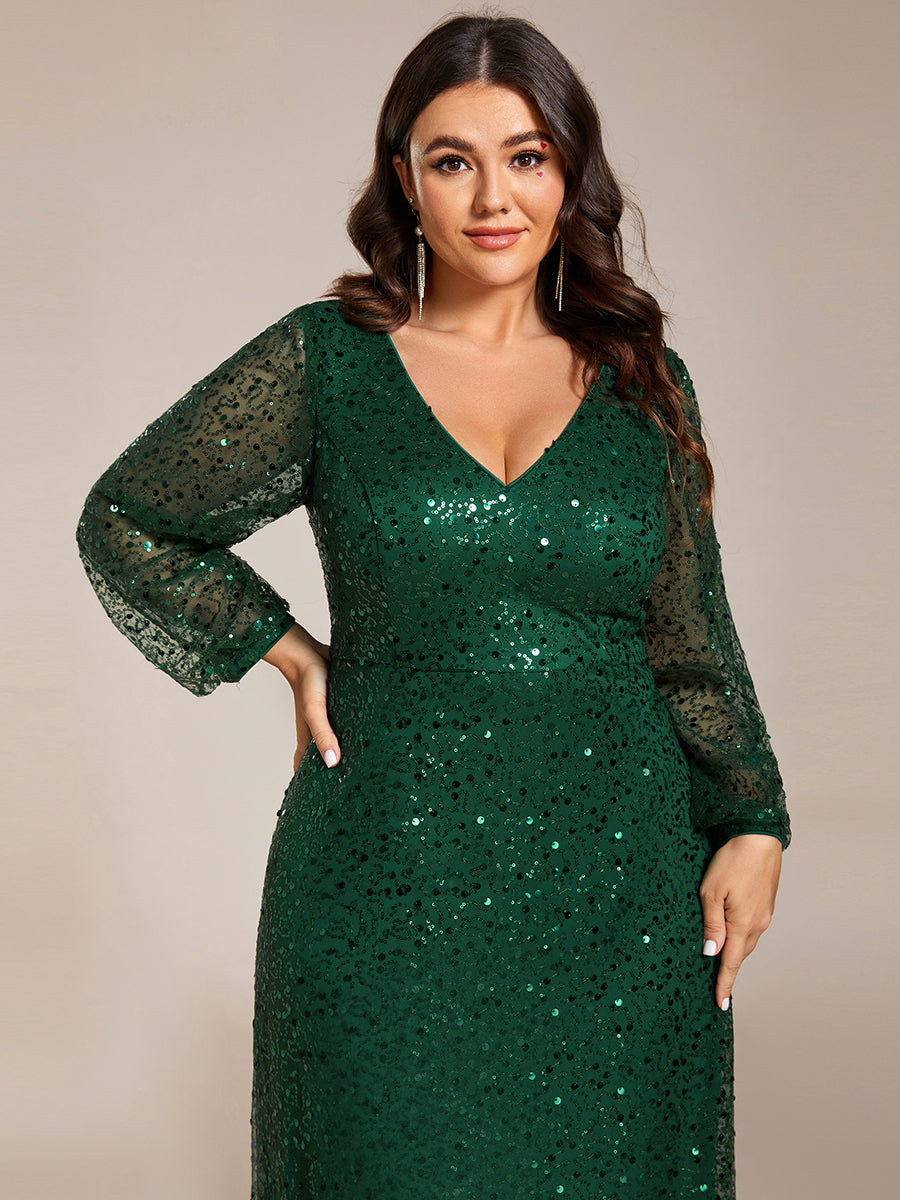 Bodenlanger V-Ausschnitt A-Linie Pailletten Kleid Mit Durchsichtigen Details Funkelnde Eleganz Kleid #Farbe_Dunkelgrün