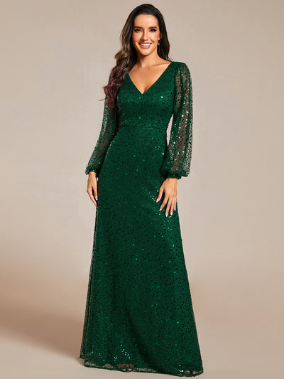 Bodenlanger V-Ausschnitt A-Linie Pailletten Kleid Mit Durchsichtigen Details Funkelnde Eleganz Kleid #Farbe_Dunkelgrün