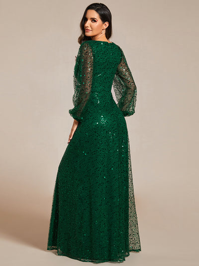 Bodenlanger V-Ausschnitt A-Linie Pailletten Kleid Mit Durchsichtigen Details Funkelnde Eleganz Kleid #Farbe_Dunkelgrün