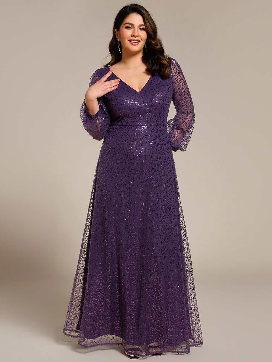 Bodenlanger V-Ausschnitt A-Linie Pailletten Kleid Mit Durchsichtigen Details Funkelnde Eleganz Kleid #Farbe_Dunkelviolett