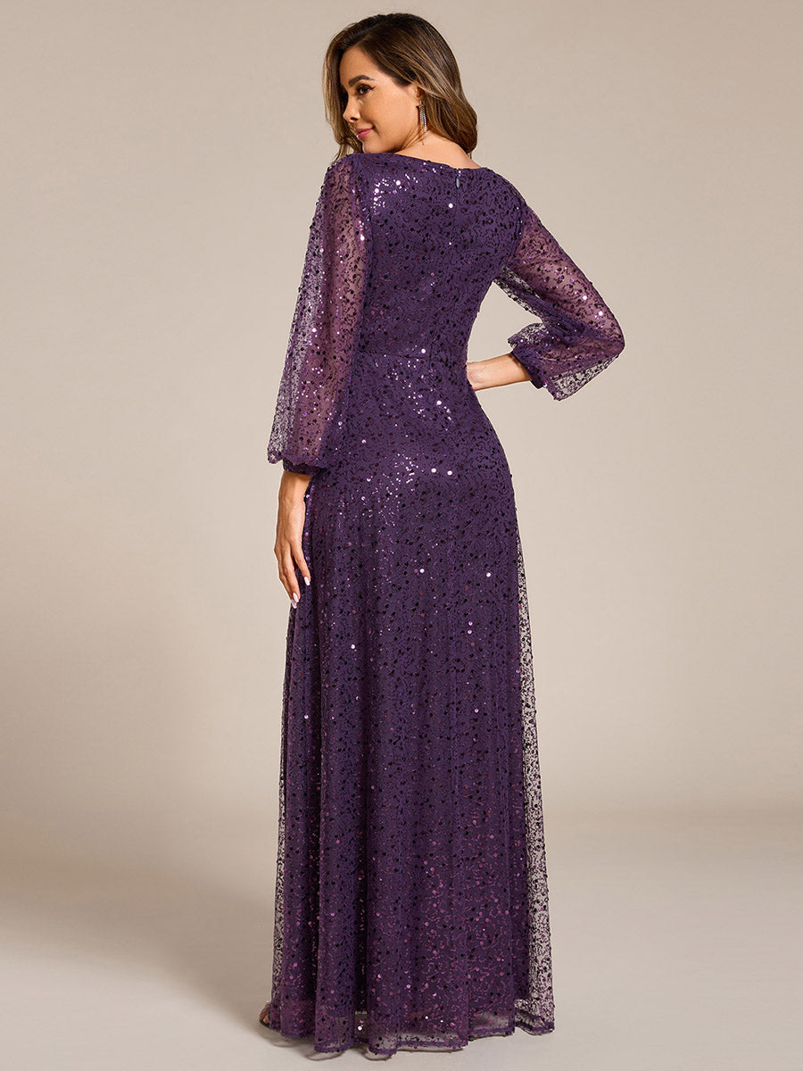 Bodenlanger V-Ausschnitt A-Linie Pailletten Kleid Mit Durchsichtigen Details Funkelnde Eleganz Kleid #Farbe_Dunkelviolett