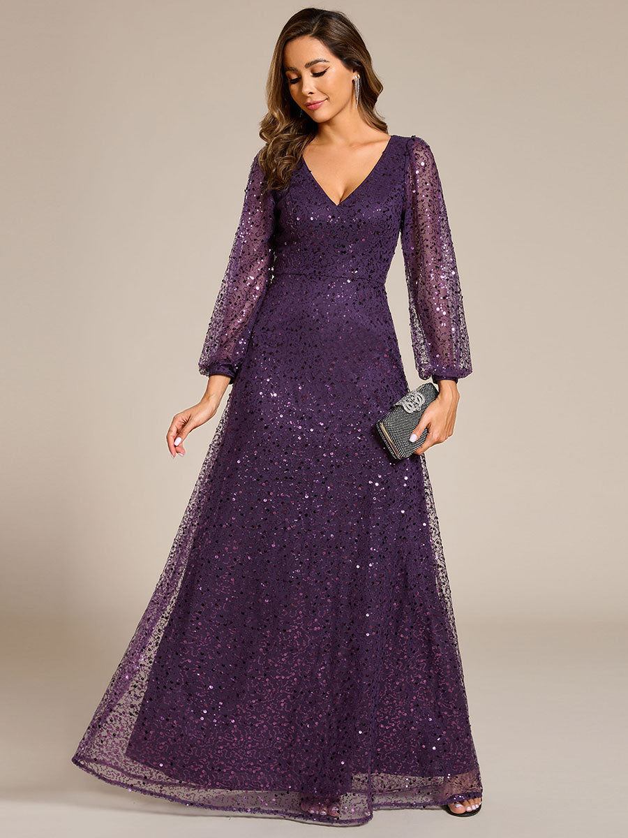 Bodenlanger V-Ausschnitt A-Linie Pailletten Kleid Mit Durchsichtigen Details Funkelnde Eleganz Kleid #Farbe_Dunkelviolett