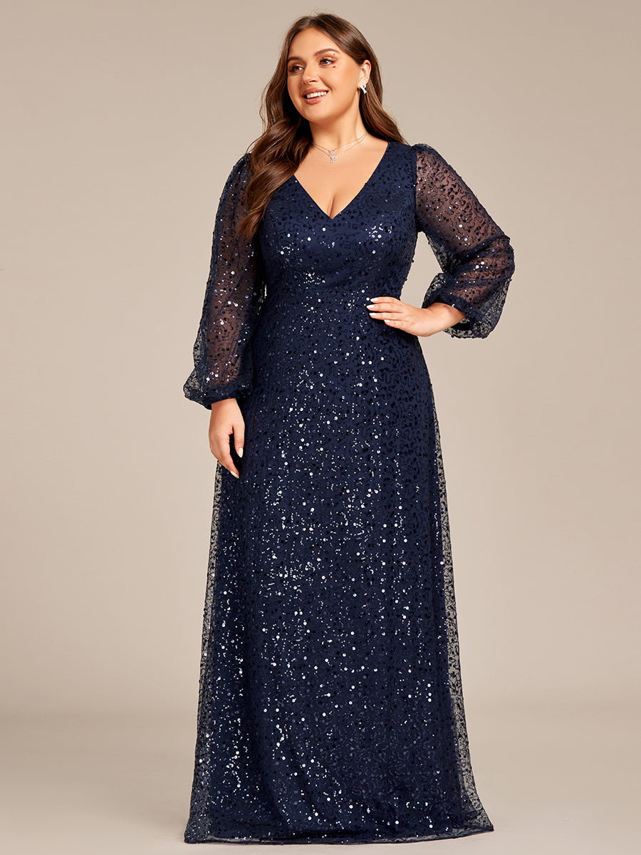 Bodenlanger V-Ausschnitt A-Linie Pailletten Kleid Mit Durchsichtigen Details Funkelnde Eleganz Kleid #Farbe_Marineblau