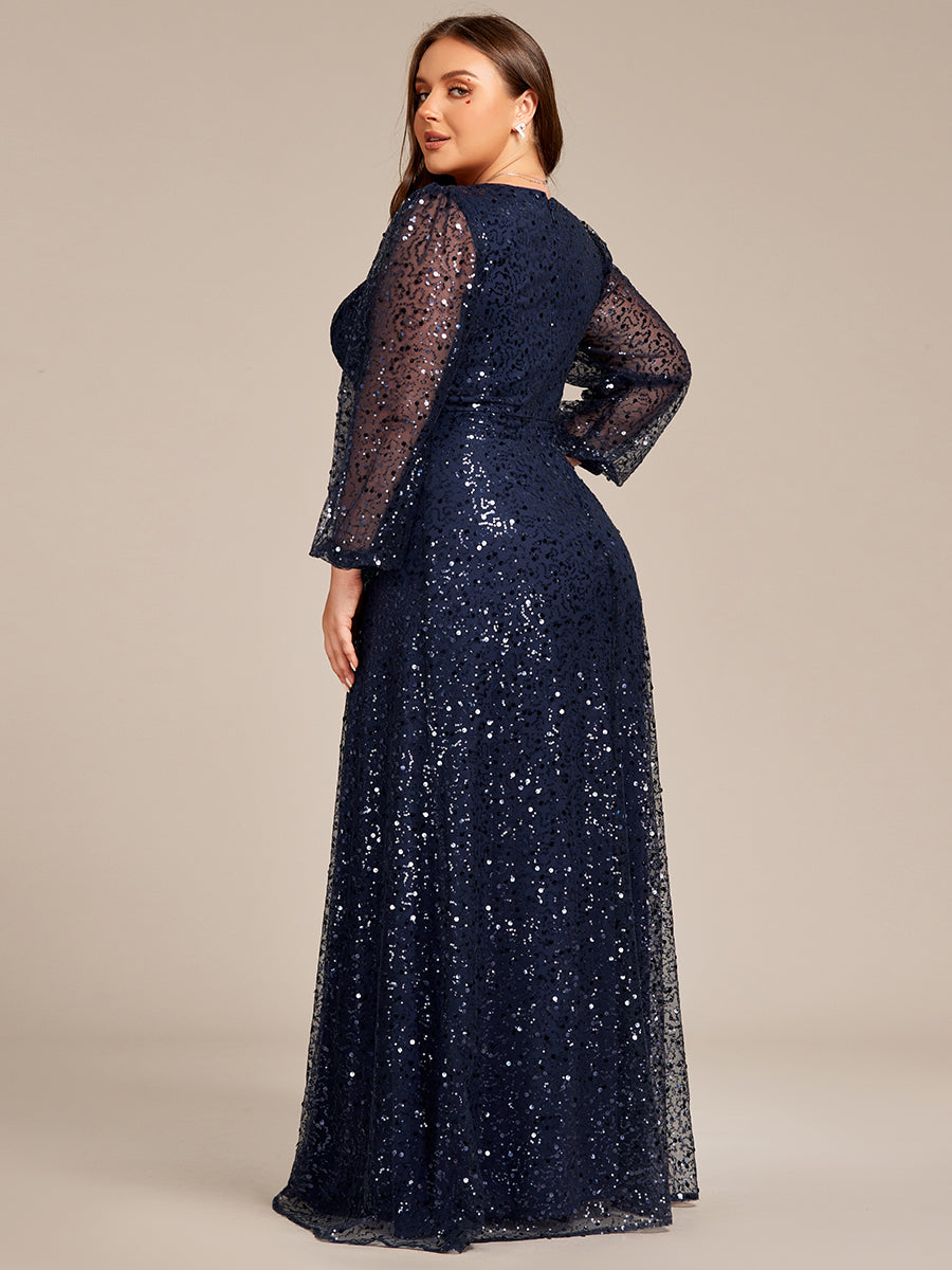 Bodenlanger V-Ausschnitt A-Linie Pailletten Kleid Mit Durchsichtigen Details Funkelnde Eleganz Kleid #Farbe_Marineblau