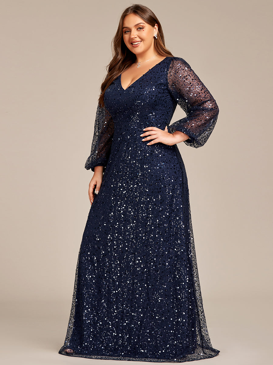 Bodenlanger V-Ausschnitt A-Linie Pailletten Kleid Mit Durchsichtigen Details Funkelnde Eleganz Kleid #Farbe_Marineblau