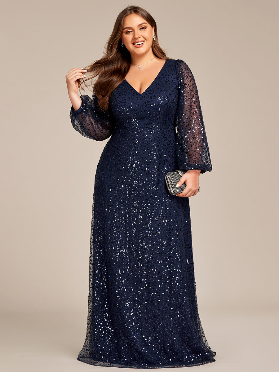Bodenlanger V-Ausschnitt A-Linie Pailletten Kleid Mit Durchsichtigen Details Funkelnde Eleganz Kleid #Farbe_Marineblau