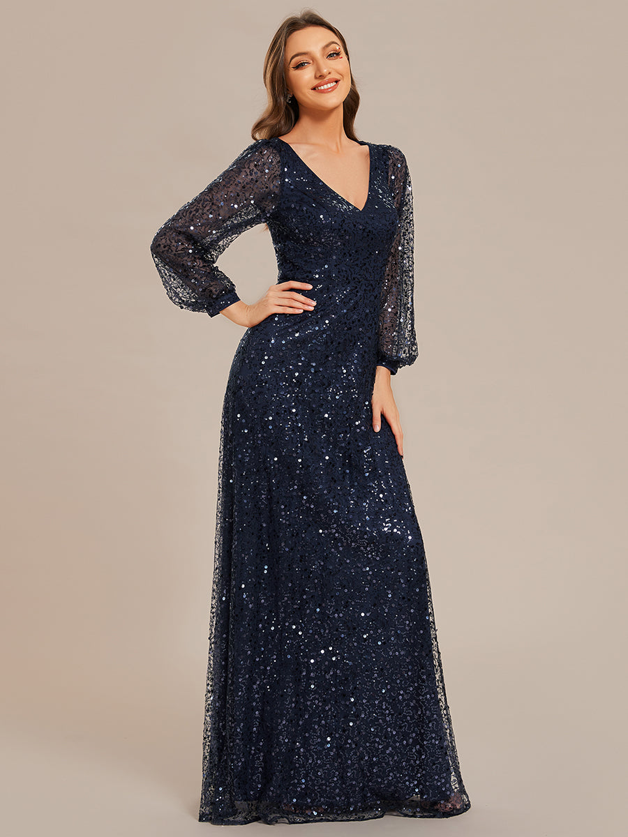 Bodenlanger V-Ausschnitt A-Linie Pailletten Kleid Mit Durchsichtigen Details Funkelnde Eleganz Kleid #Farbe_Marineblau