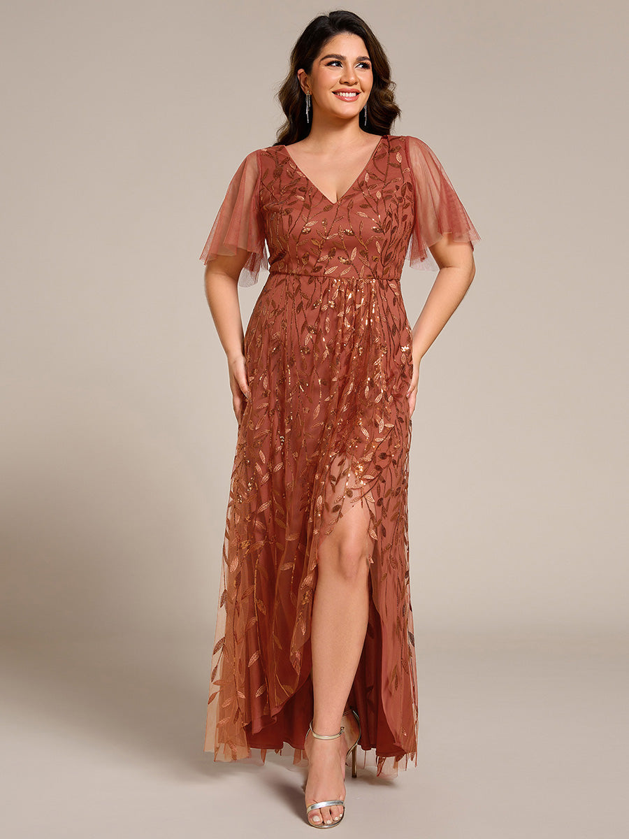Maxilänge, V-Ausschnitt, asymmetrischer Saum, Pailletten-Kleid mit tiefem V-Ausschnitt und funkelnden Details #Farbe_Gebranntes Orange