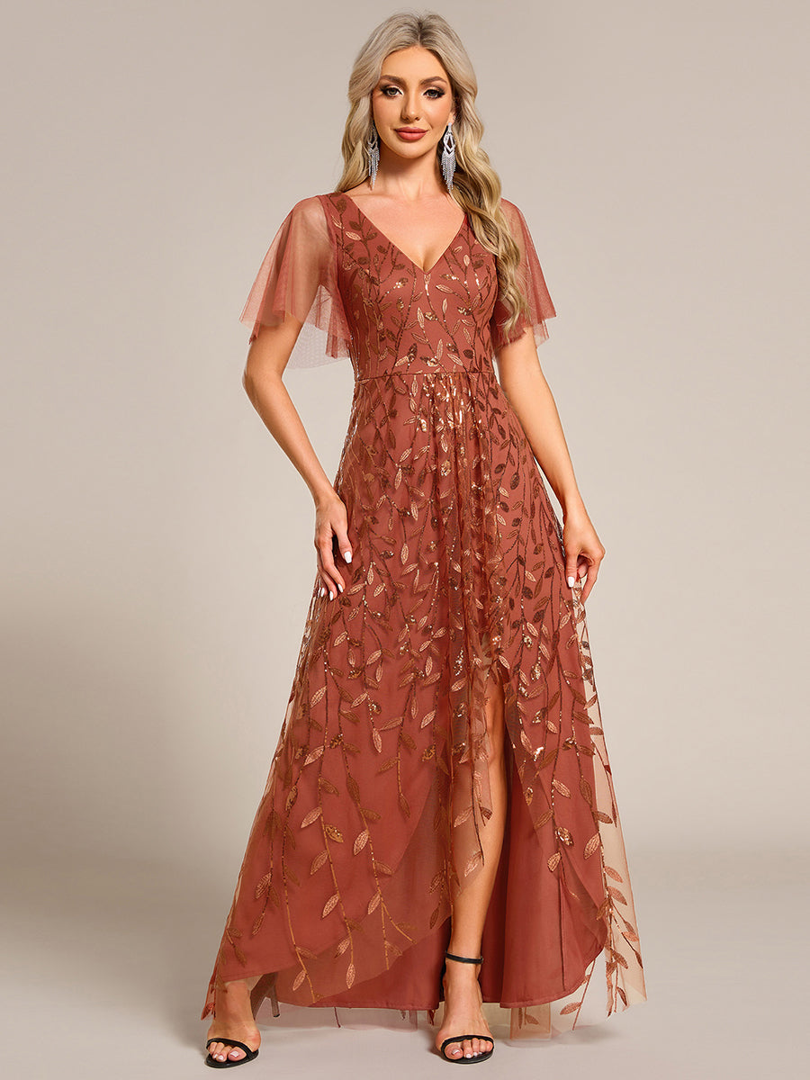 Maxilänge, V-Ausschnitt, asymmetrischer Saum, Pailletten-Kleid mit tiefem V-Ausschnitt und funkelnden Details #Farbe_Gebranntes Orange