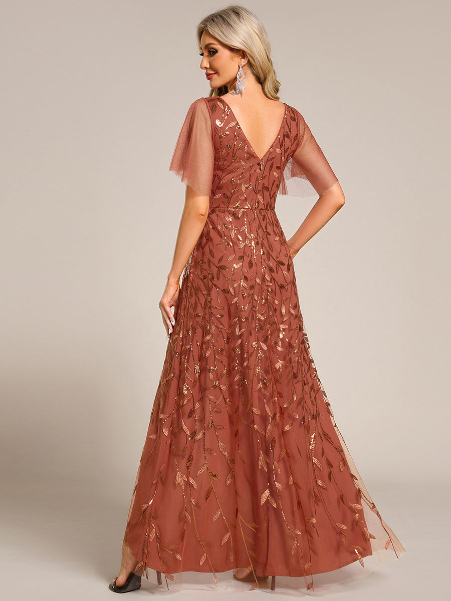 Maxilänge, V-Ausschnitt, asymmetrischer Saum, Pailletten-Kleid mit tiefem V-Ausschnitt und funkelnden Details #Farbe_Gebranntes Orange