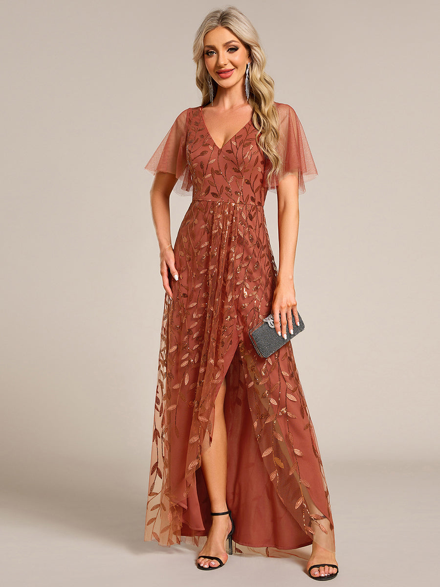 Maxilänge, V-Ausschnitt, asymmetrischer Saum, Pailletten-Kleid mit tiefem V-Ausschnitt und funkelnden Details #Farbe_Gebranntes Orange