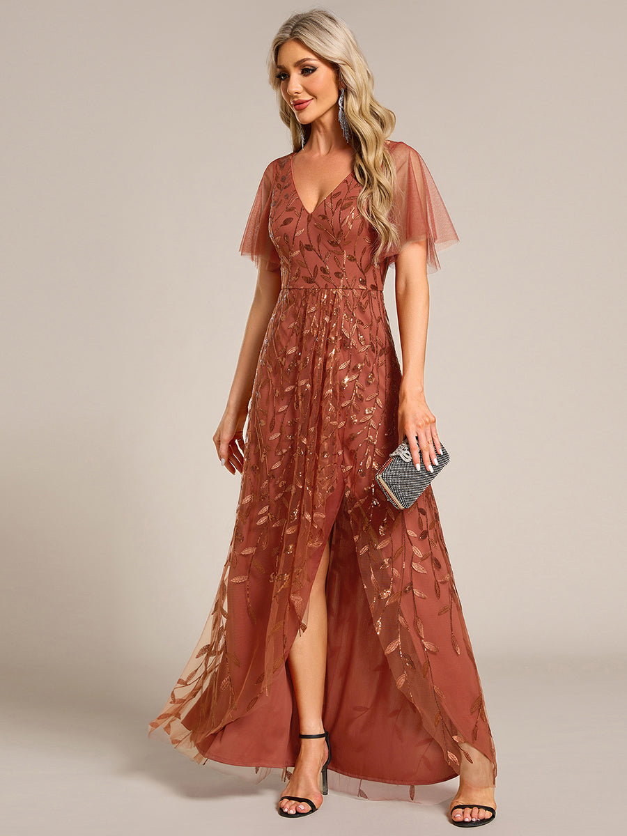 Maxilänge, V-Ausschnitt, asymmetrischer Saum, Pailletten-Kleid mit tiefem V-Ausschnitt und funkelnden Details #Farbe_Gebranntes Orange