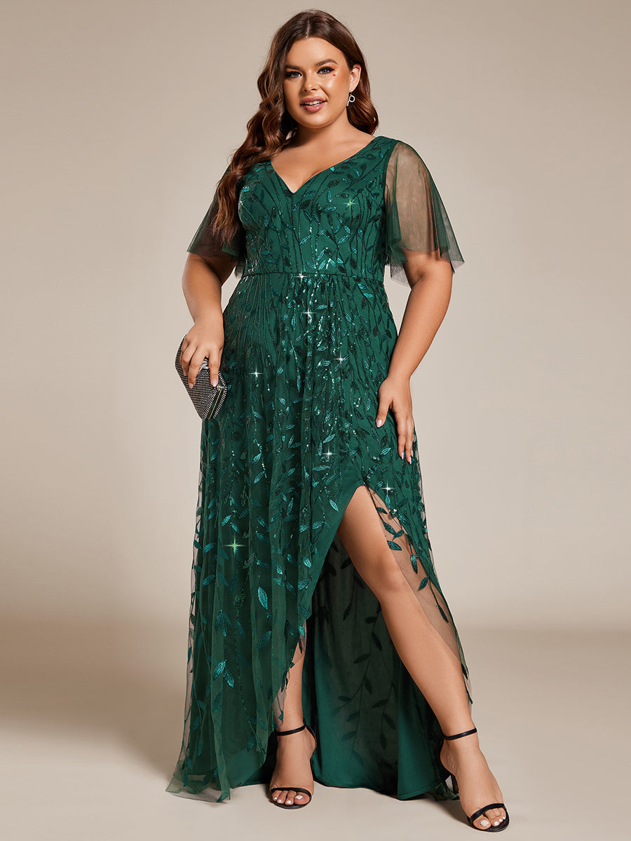 Maxilänge, V-Ausschnitt, asymmetrischer Saum, Pailletten-Kleid mit tiefem V-Ausschnitt und funkelnden Details #Farbe_Dunkelgrün