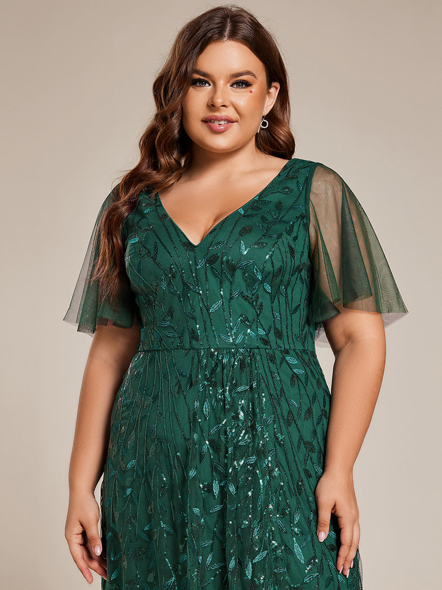 Maxilänge, V-Ausschnitt, asymmetrischer Saum, Pailletten-Kleid mit tiefem V-Ausschnitt und funkelnden Details #Farbe_Dunkelgrün