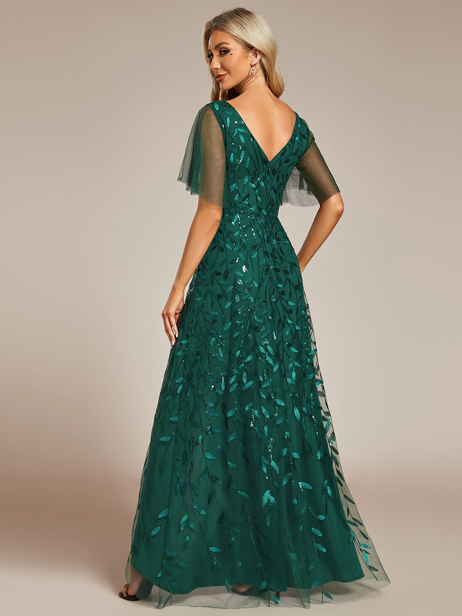 Maxilänge, V-Ausschnitt, asymmetrischer Saum, Pailletten-Kleid mit tiefem V-Ausschnitt und funkelnden Details #Farbe_Dunkelgrün