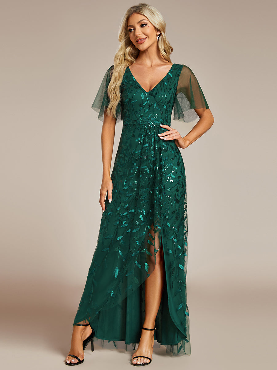 Maxilänge, V-Ausschnitt, asymmetrischer Saum, Pailletten-Kleid mit tiefem V-Ausschnitt und funkelnden Details #Farbe_Dunkelgrün