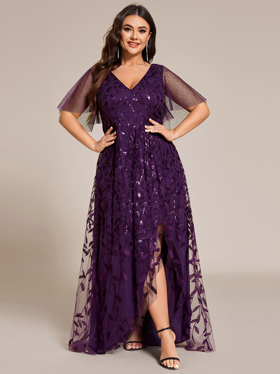 Maxilänge, V-Ausschnitt, asymmetrischer Saum, Pailletten-Kleid mit tiefem V-Ausschnitt und funkelnden Details #Farbe_Dunkelviolett