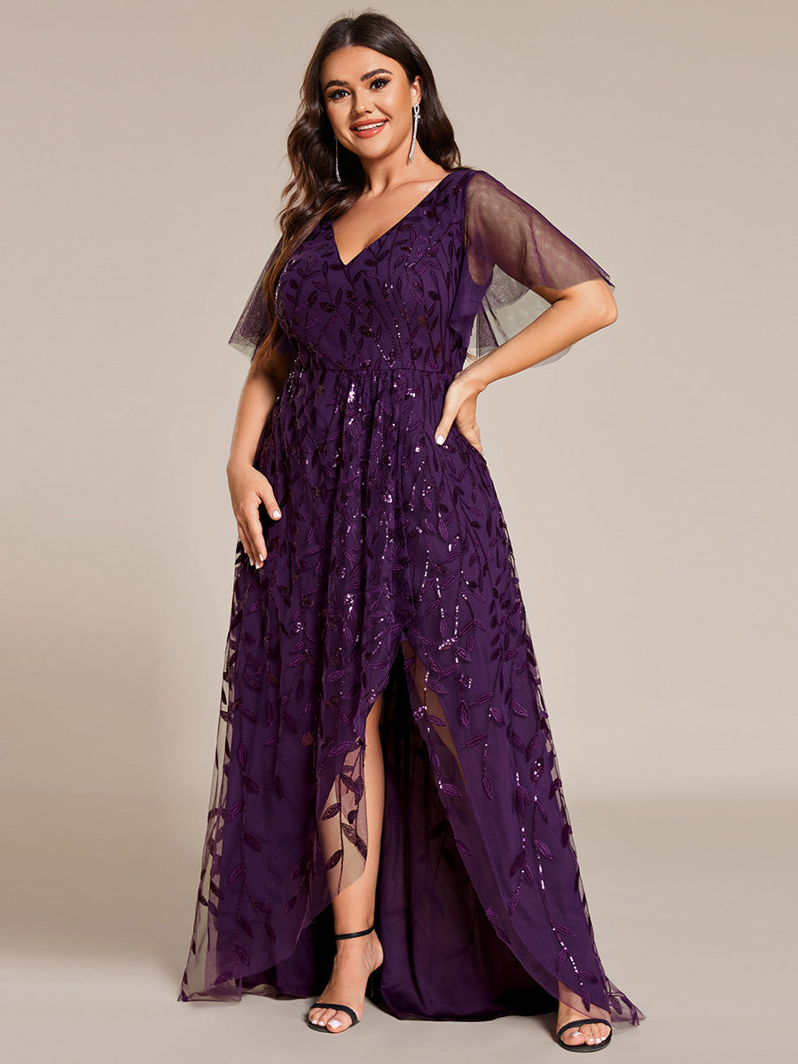 Maxilänge, V-Ausschnitt, asymmetrischer Saum, Pailletten-Kleid mit tiefem V-Ausschnitt und funkelnden Details #Farbe_Dunkelviolett