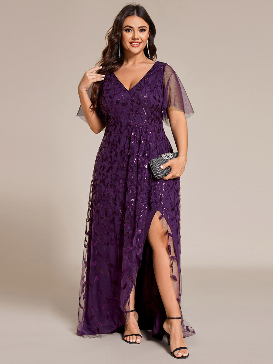 Maxilänge, V-Ausschnitt, asymmetrischer Saum, Pailletten-Kleid mit tiefem V-Ausschnitt und funkelnden Details #Farbe_Dunkelviolett