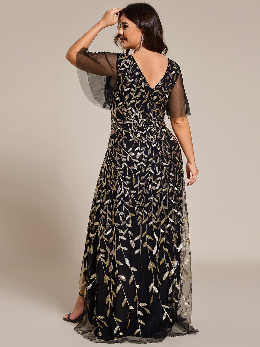 Maxilänge, V-Ausschnitt, asymmetrischer Saum, Pailletten-Kleid mit tiefem V-Ausschnitt und funkelnden Details #Farbe_Schwarz & Gold