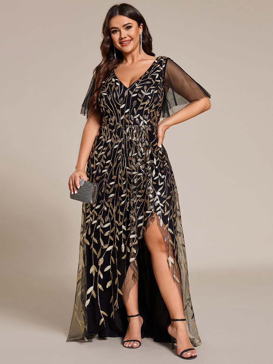 Maxilänge, V-Ausschnitt, asymmetrischer Saum, Pailletten-Kleid mit tiefem V-Ausschnitt und funkelnden Details #Farbe_Schwarz & Gold