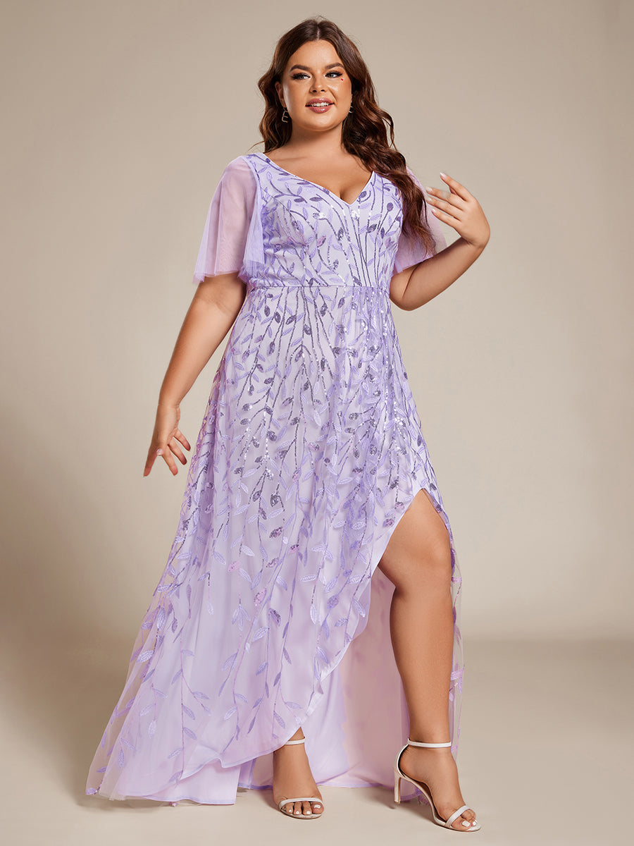 Maxilänge, V-Ausschnitt, asymmetrischer Saum, Pailletten-Kleid mit tiefem V-Ausschnitt und funkelnden Details #Farbe_Lavendel