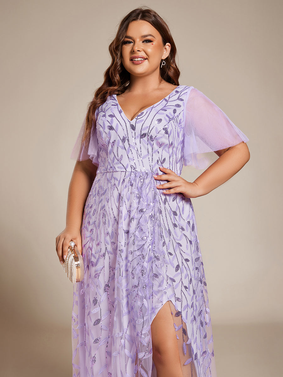 Maxilänge, V-Ausschnitt, asymmetrischer Saum, Pailletten-Kleid mit tiefem V-Ausschnitt und funkelnden Details #Farbe_Lavendel