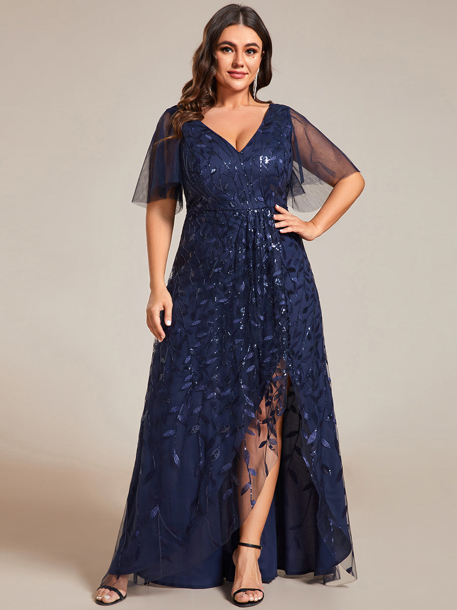Maxilänge, V-Ausschnitt, asymmetrischer Saum, Pailletten-Kleid mit tiefem V-Ausschnitt und funkelnden Details #Farbe_Marineblau