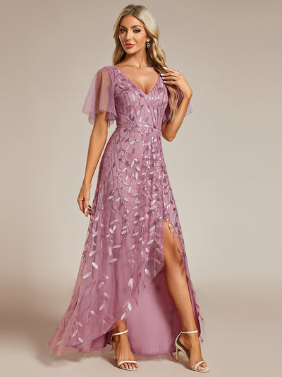 Maxilänge, V-Ausschnitt, asymmetrischer Saum, Pailletten-Kleid mit tiefem V-Ausschnitt und funkelnden Details#Farbe_Orchideenviolett