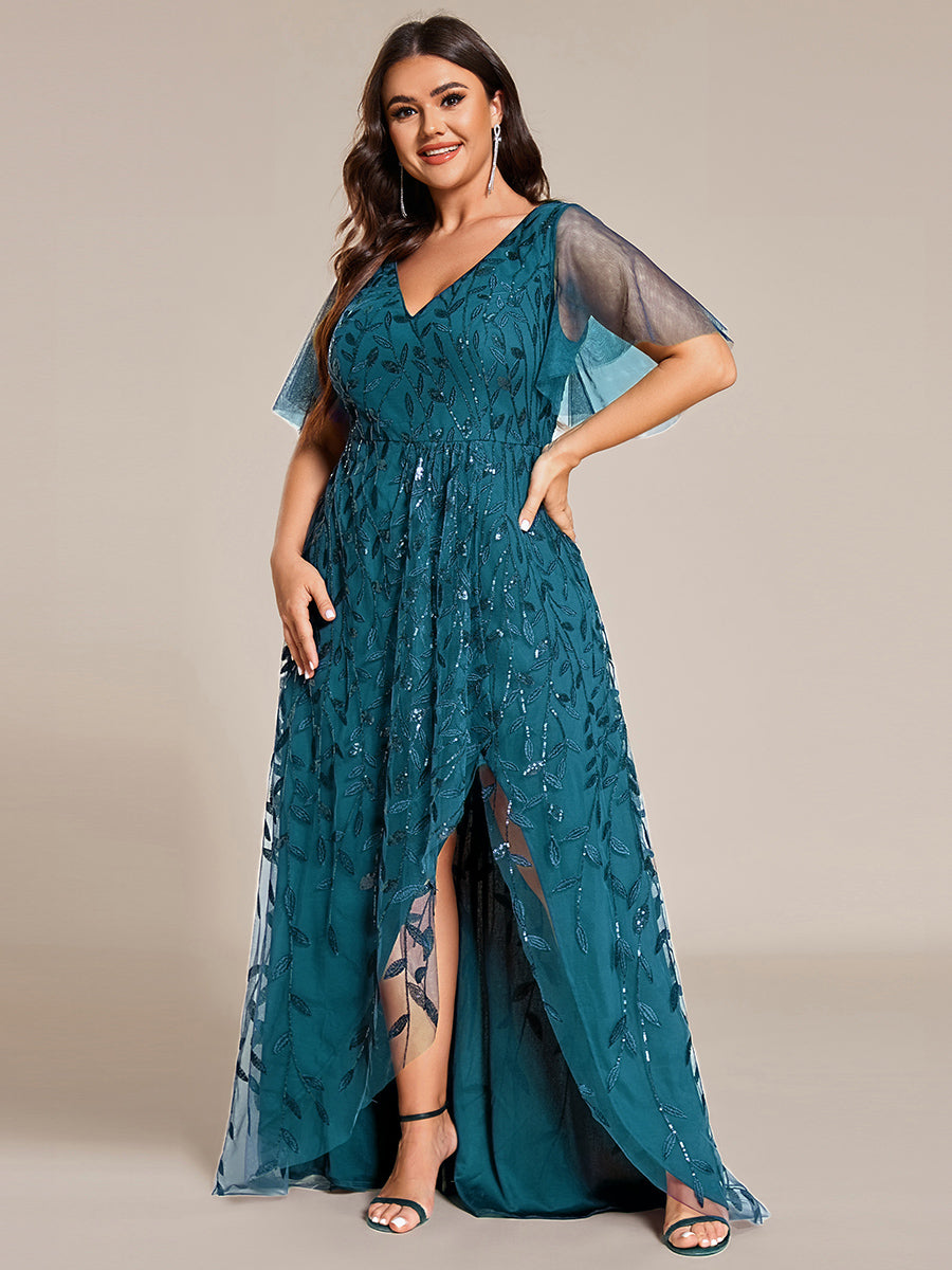 Maxilänge, V-Ausschnitt, asymmetrischer Saum, Pailletten-Kleid mit tiefem V-Ausschnitt und funkelnden Details #Farbe_Petrol