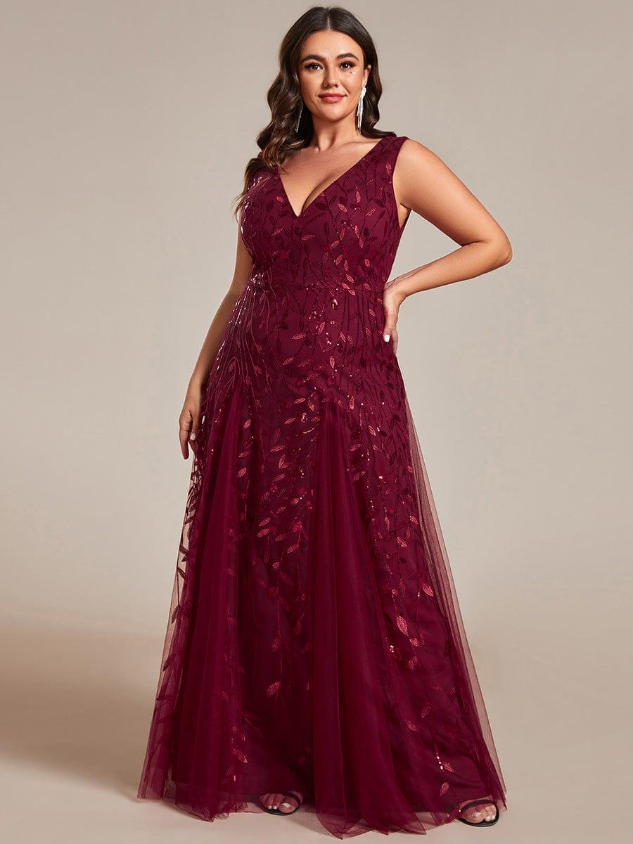 Funkelndes Abendkleid in A-Linie mit Empire-Taille und langen ?rmeln #farbe_Burgundy