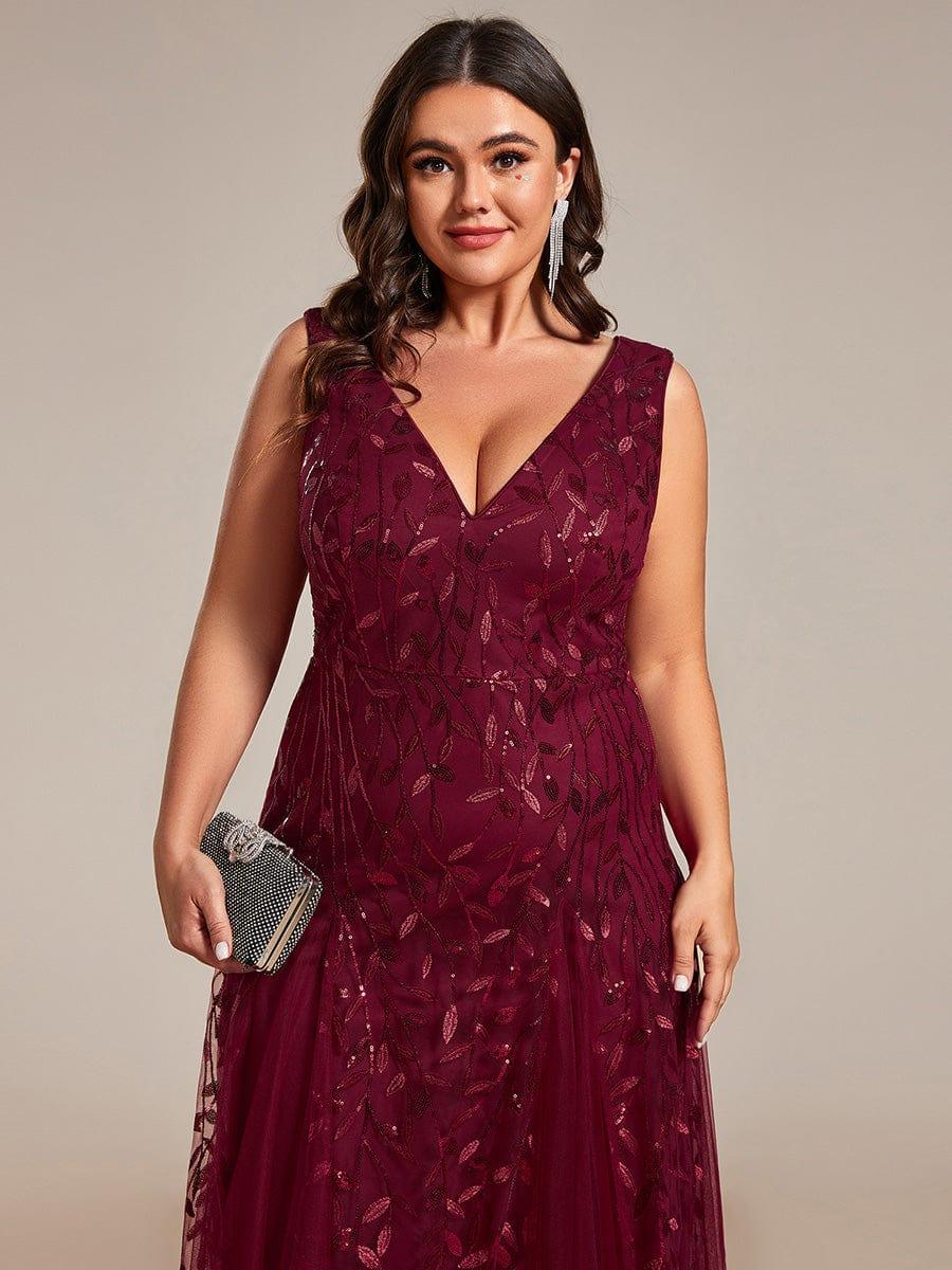 Funkelndes Abendkleid in A-Linie mit Empire-Taille und langen ?rmeln #farbe_Burgundy