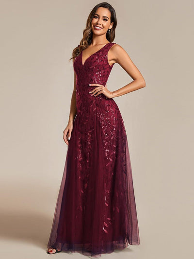 Funkelndes Abendkleid in A-Linie mit Empire-Taille und langen ?rmeln #farbe_Burgundy
