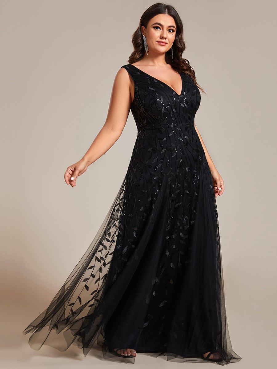 Funkelndes Abendkleid in A-Linie mit Empire-Taille und langen ?rmeln #farbe_Schwarz