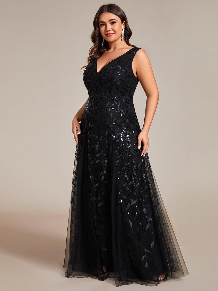 Funkelndes Abendkleid in A-Linie mit Empire-Taille und langen ?rmeln #farbe_Schwarz