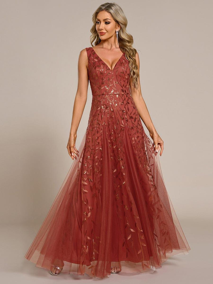Funkelndes Abendkleid in A-Linie mit Empire-Taille und langen ?rmeln #farbe_Gebrannte Orange