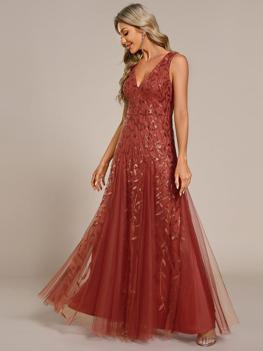 Funkelndes Abendkleid in A-Linie mit Empire-Taille und langen ?rmeln #farbe_Gebrannte Orange