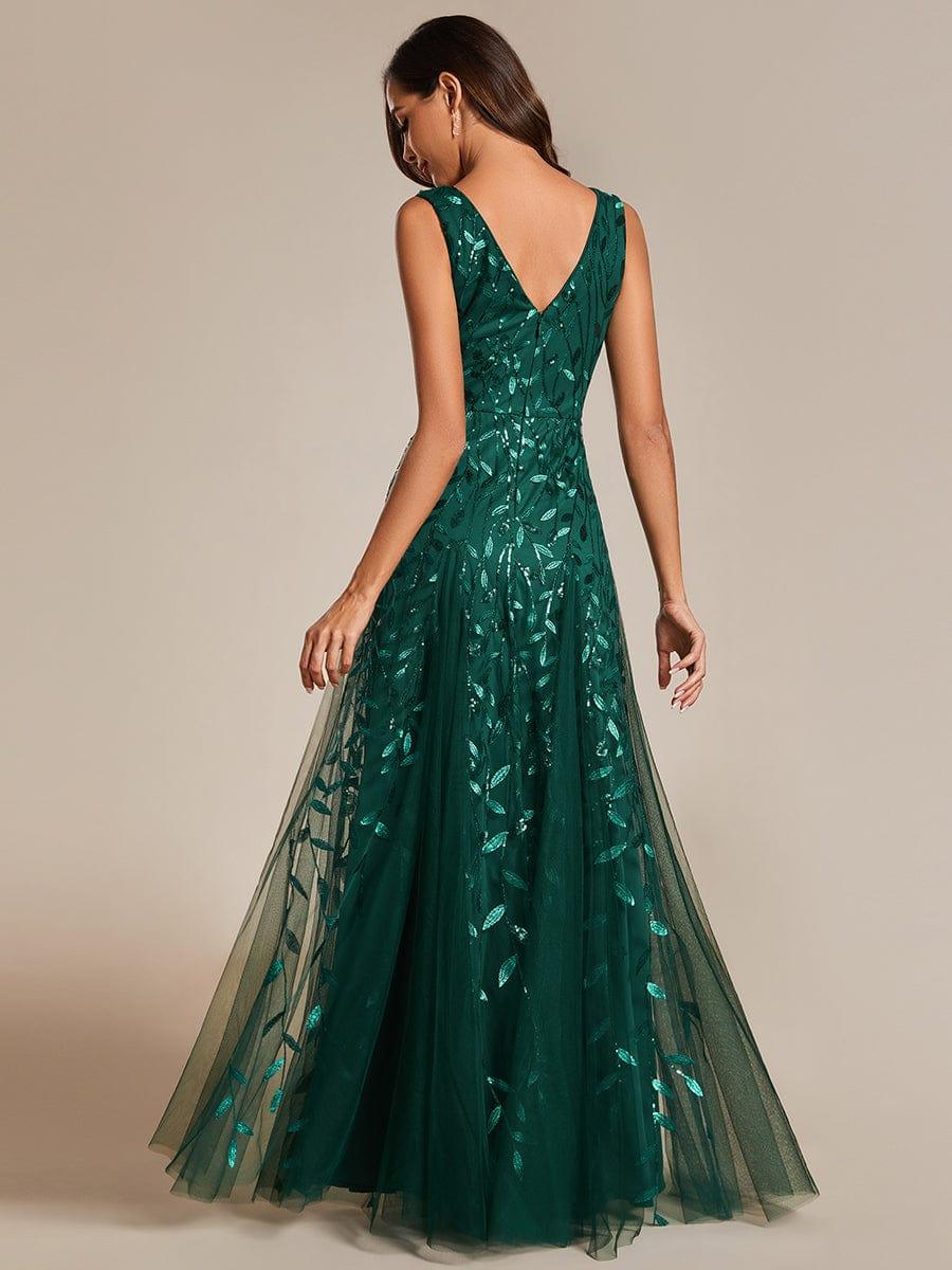 Funkelndes Abendkleid in A-Linie mit Empire-Taille und langen ?rmeln #farbe_Dunkel Gruen