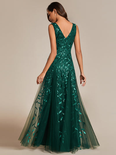 Funkelndes Abendkleid in A-Linie mit Empire-Taille und langen ?rmeln #farbe_Dunkelgrün