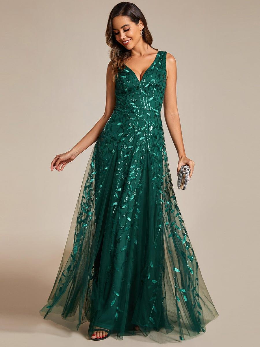 Funkelndes Abendkleid in A-Linie mit Empire-Taille und langen ?rmeln #farbe_Dunkel Gruen