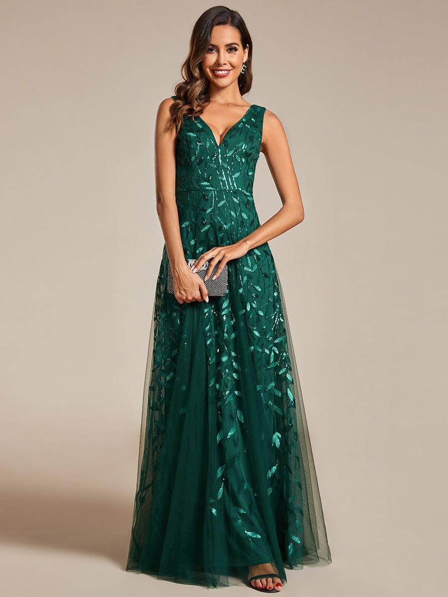 Funkelndes Abendkleid in A-Linie mit Empire-Taille und langen ?rmeln #farbe_Dunkel Gruen