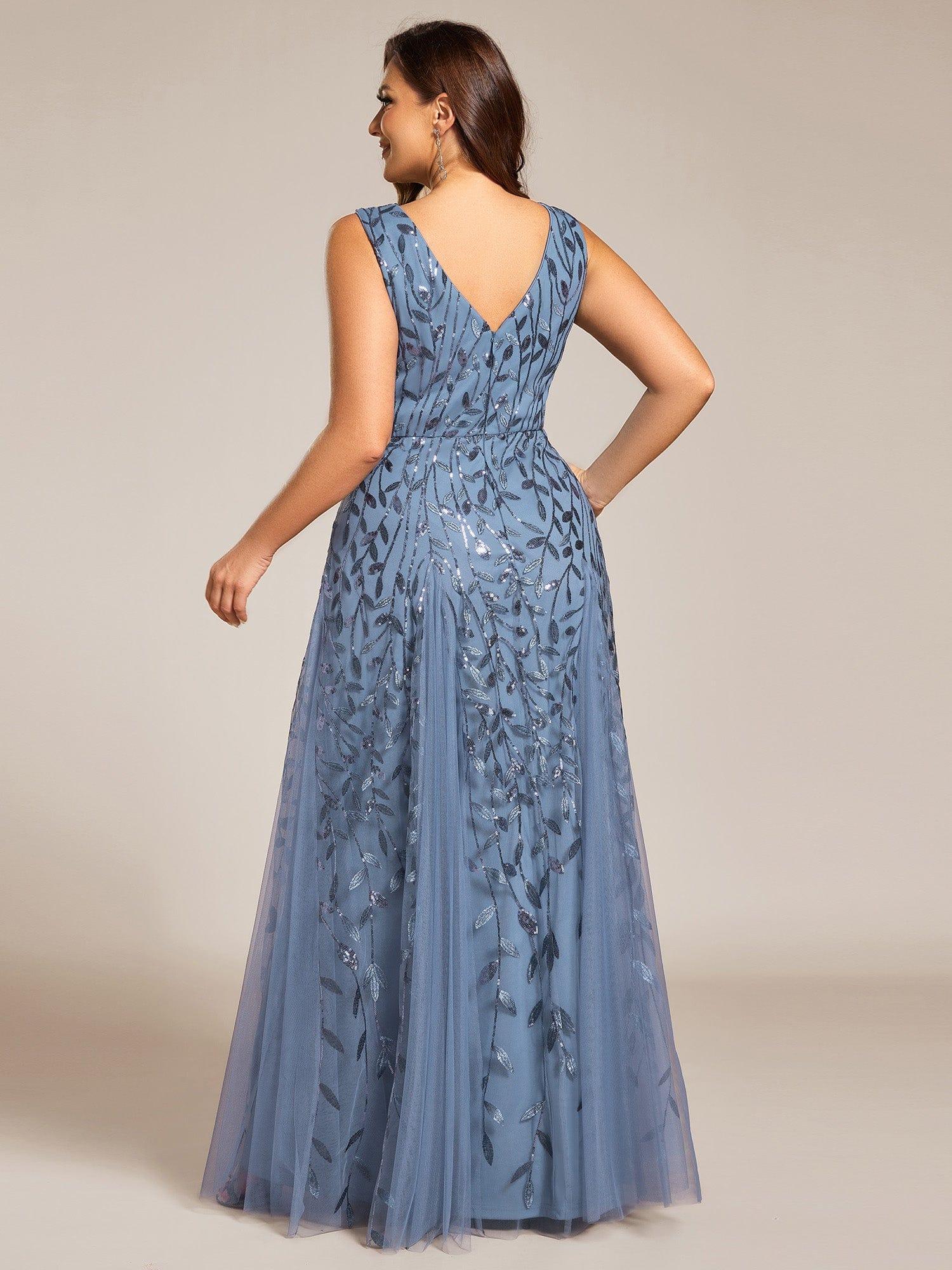 Funkelndes Abendkleid in A-Linie mit Empire-Taille und langen ?rmeln #farbe_Dusty Navy