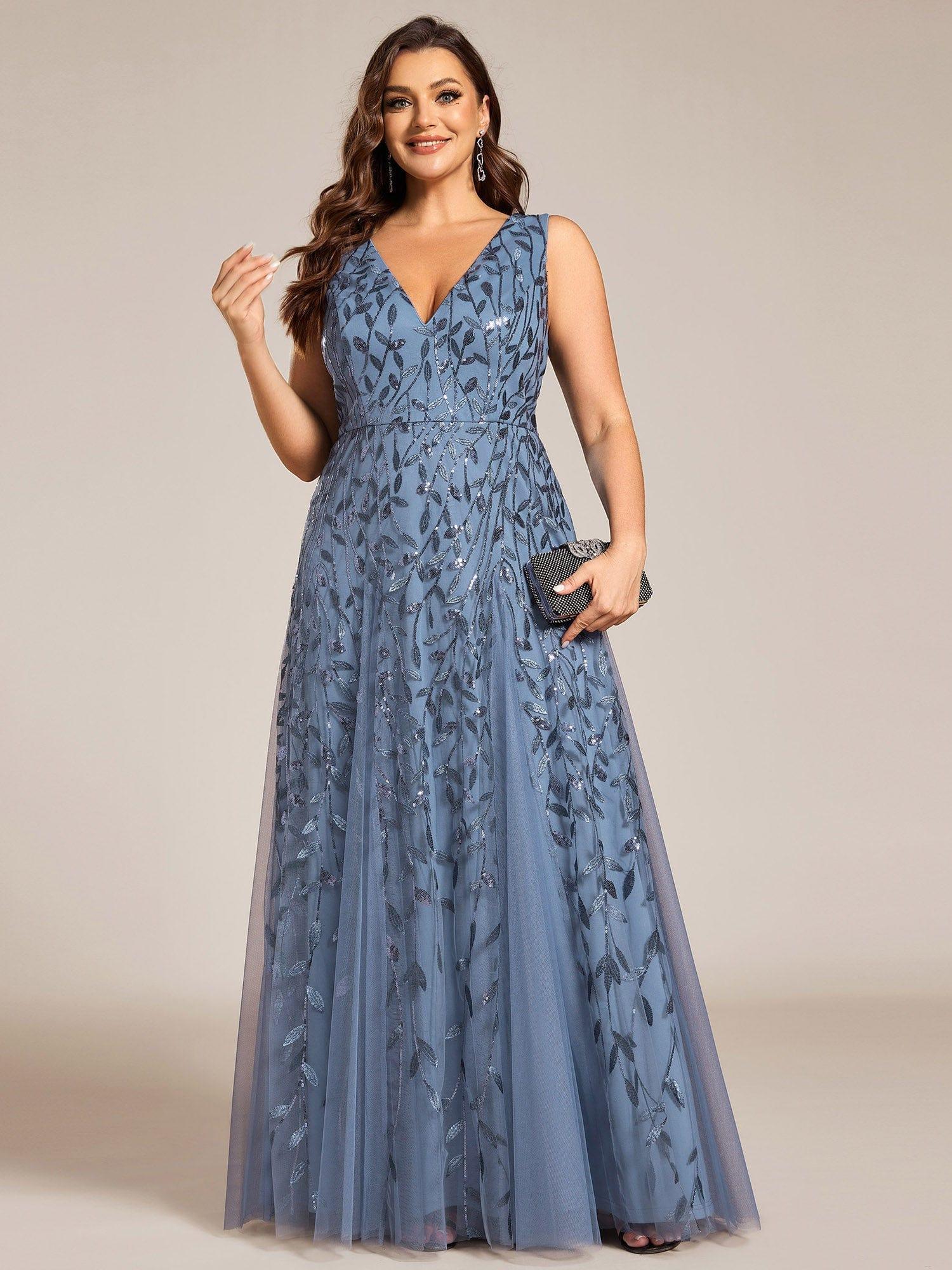 Funkelndes Abendkleid in A-Linie mit Empire-Taille und langen ?rmeln #farbe_Dusty Navy