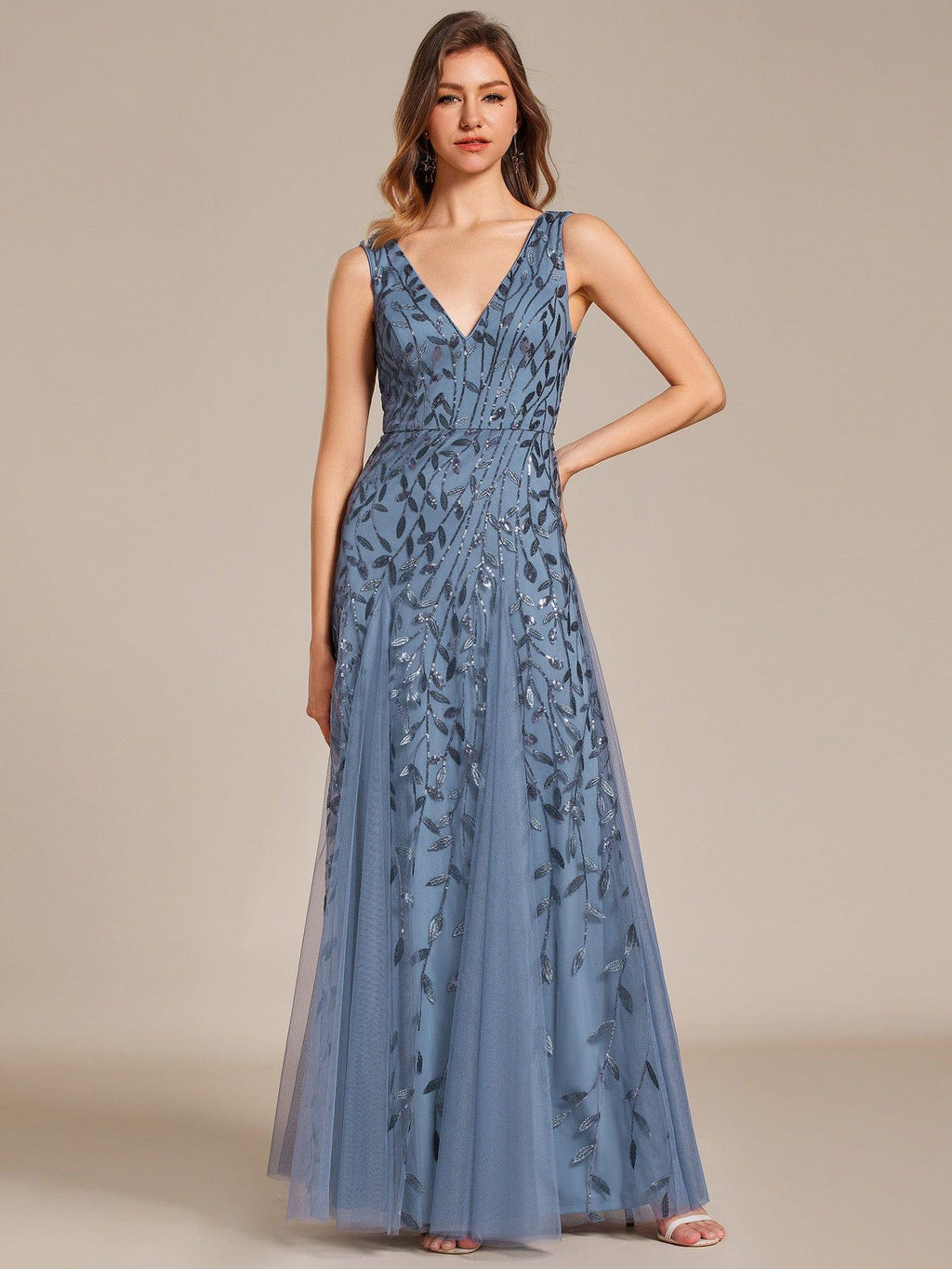 Funkelndes Abendkleid in A-Linie mit Empire-Taille und langen ?rmeln #farbe_Dusty Navy