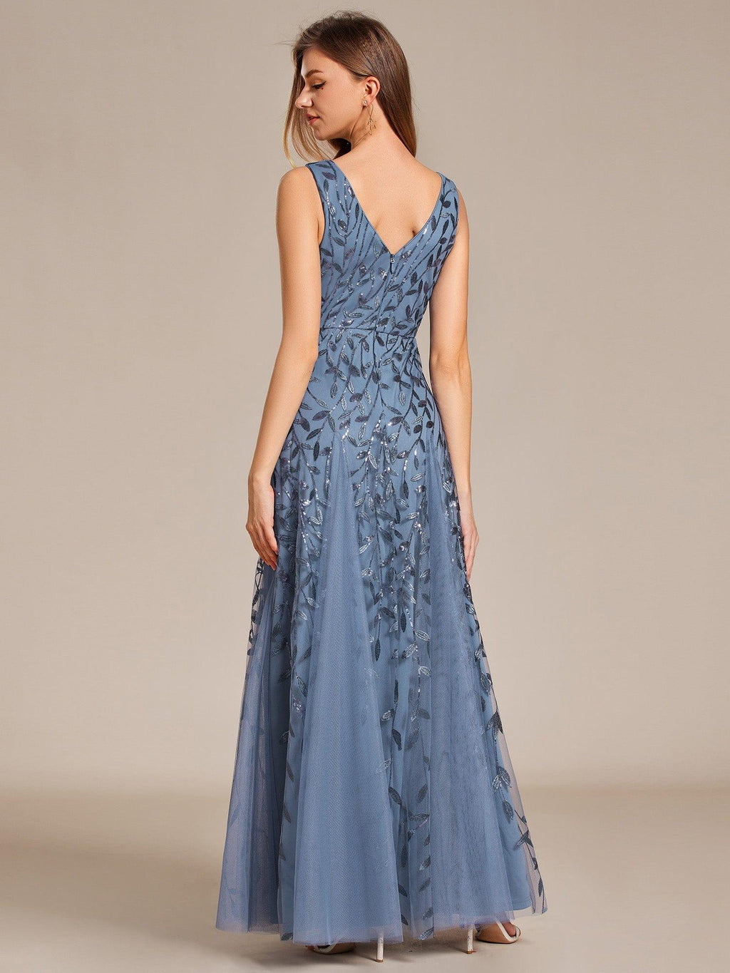 Funkelndes Abendkleid in A-Linie mit Empire-Taille und langen ?rmeln #farbe_Dusty Navy